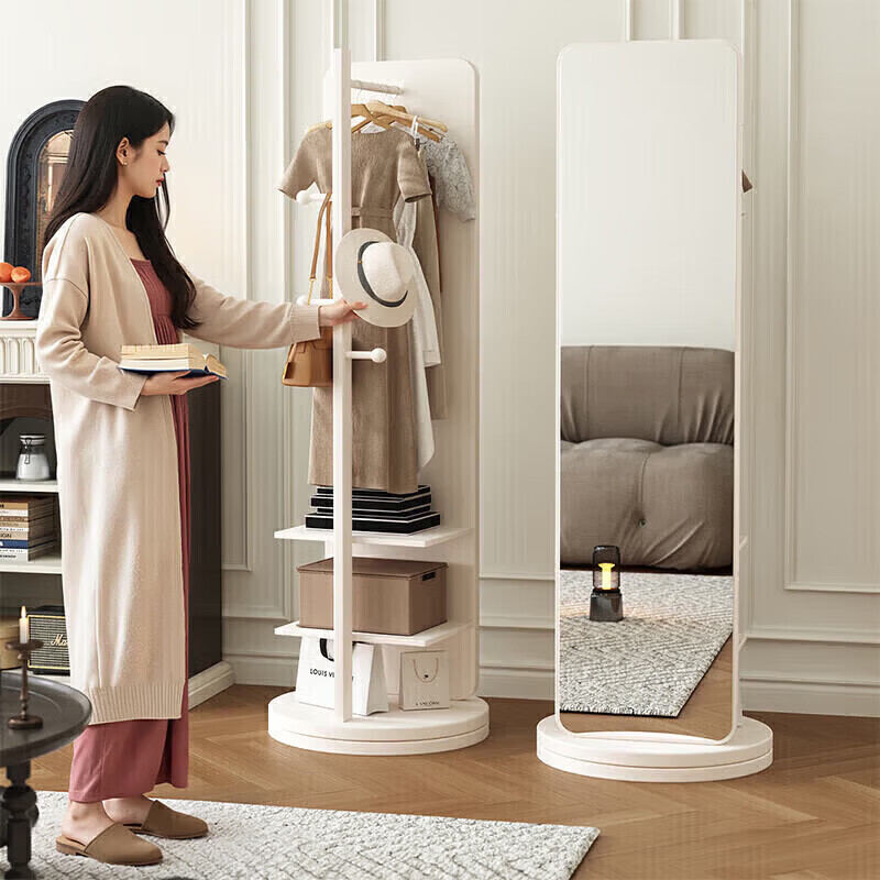 Millennium Mansion Rotating Dressing Mirror Floor-Standing Full-Length Bedroom Mirror Multifunctional Clothes Rack Integrated Fitting Mirror Square Warm 6