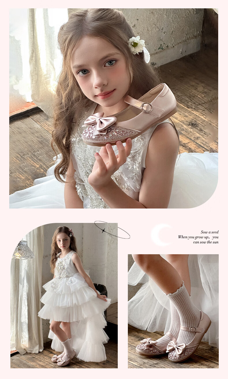Follow Me Girls' Leather Shoes Spring And Autumn Soft-Soled Princess Shoes Children's Performance Crystal Shoes Formal Dress Flats Dove Pink Size 34 10