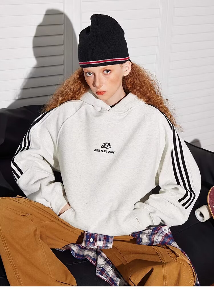 BEETLE TOWN American Style Striped Gray Raglan Sleeve Sweatshirt Women Spring New Versatile Couple Top Heather Gray M 12