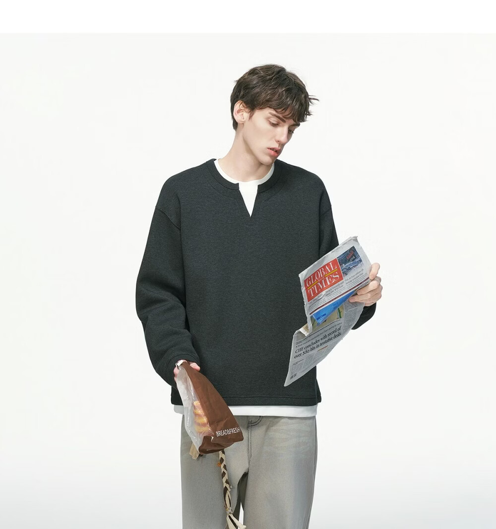 DREAM MADE American Style Two-in-One V-Neck Sweatshirt Men Spring New Heavyweight Inner Shirt Black M 20