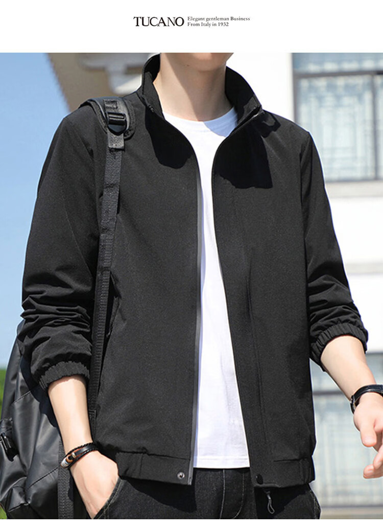 TUCANO Men's Jacket Spring Autumn Stand Collar Casual Loose Trendy Workwear Black L 1