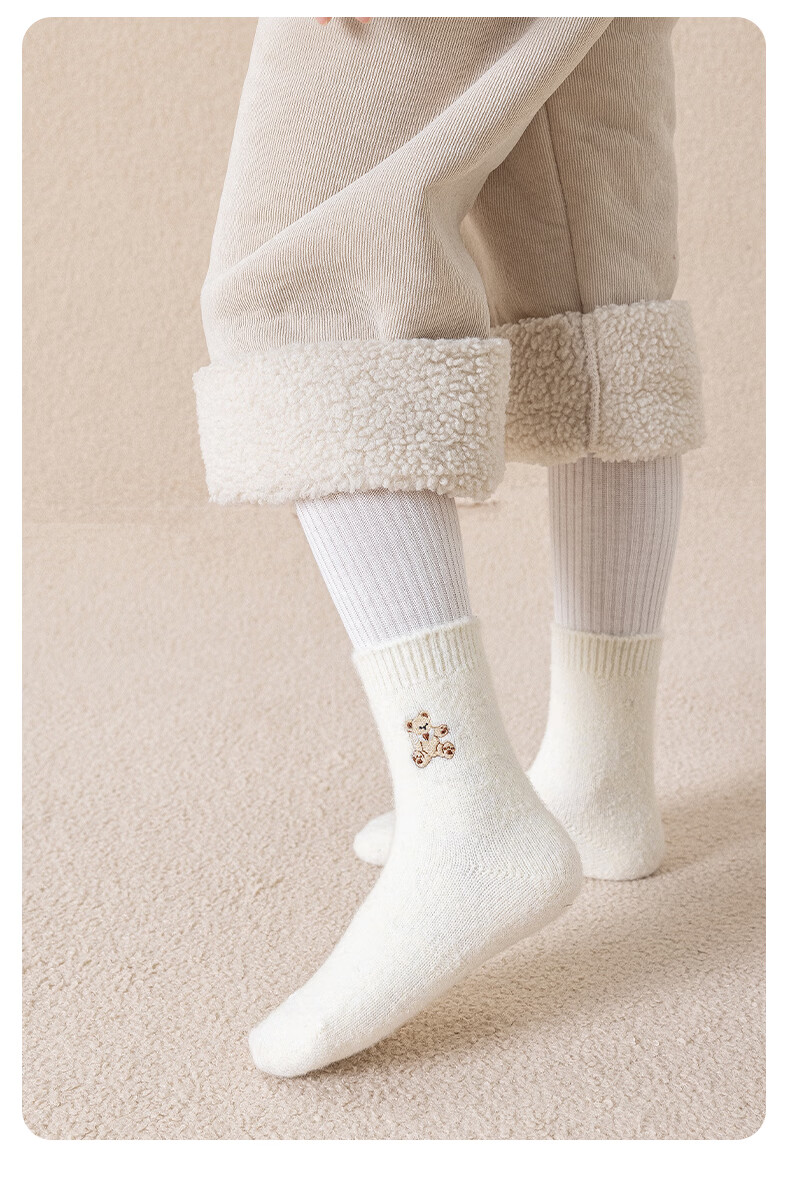 MiiOW 3 Pairs Kids Socks Autumn Winter Thickened Fleece Boys Korean Style Cartoon Bear Mid-Calf Girls Socks 9