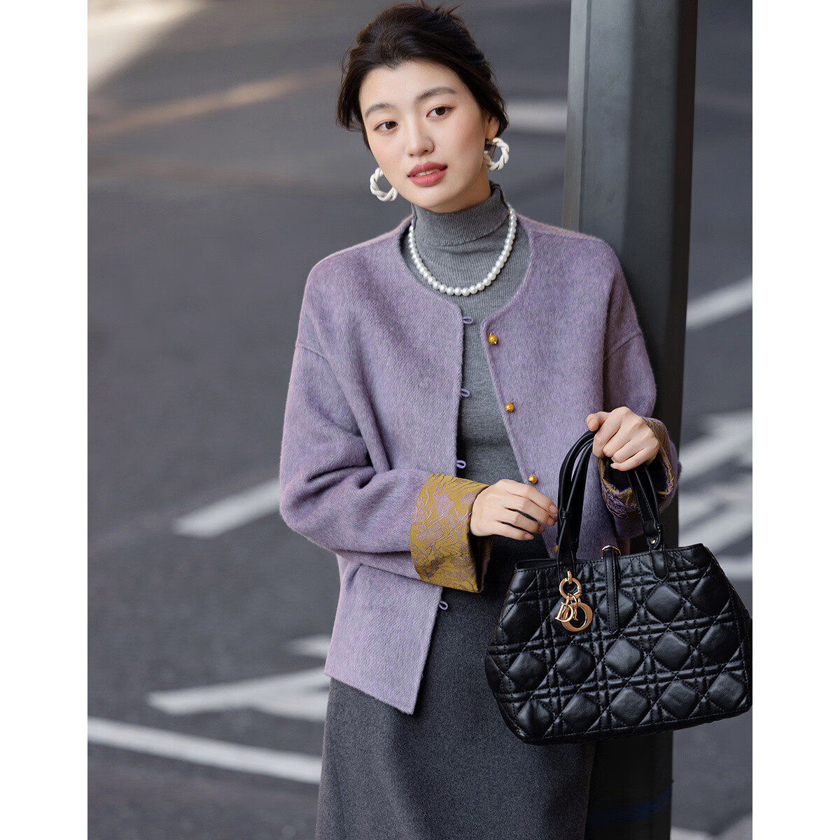 Demana Wool and Mulberry Silk Blend Double-Sided Woolen Coat Winter Chinese Style Color-Block Loose Women's Jacket