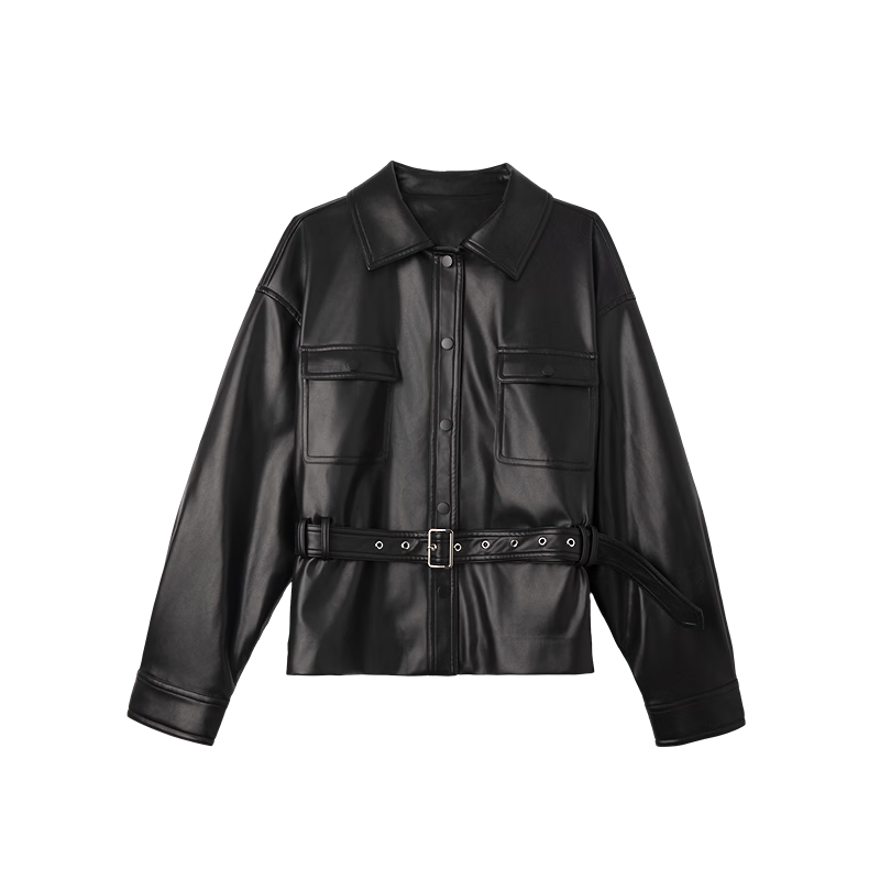 Demana Black Chocolate Bagel Spring Motorcycle Style Lapel Waist-Tied Glossy PU Large Pocket Women's Leather Jacket