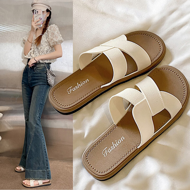 FOOTOPPO Women's Flat Cross Strap Beach Sandals Comfortable Summer Outdoor Cross Sandals Beach Slippers