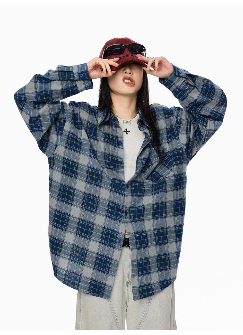 ICH MODE Women's American Style Blue Plaid Shirt Spring New Loose Casual Long Sleeve Shirt Jacket Top Blue L 22
