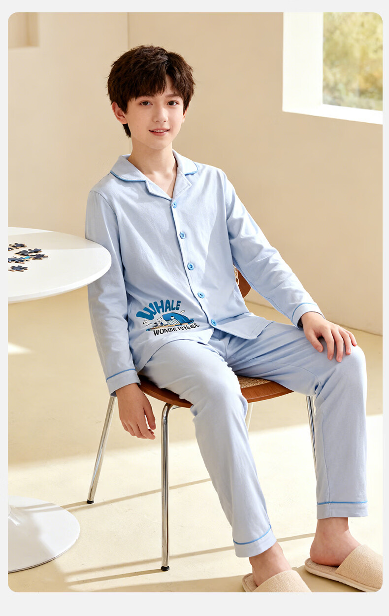 Dingguagua Children's Pajama Set, Spring And Summer Long-Sleeve Pure Cotton Boys' Loungewear, Class A Breathable, Blue, Size 130 4