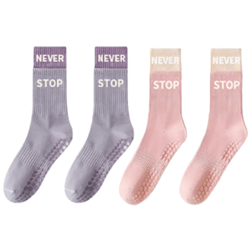 Duweike Yoga Socks Professional Non-Slip Dance Pilates Mid-Calf Sports Socks Fake Two-Piece Style 2 Pairs Purple + Pink
