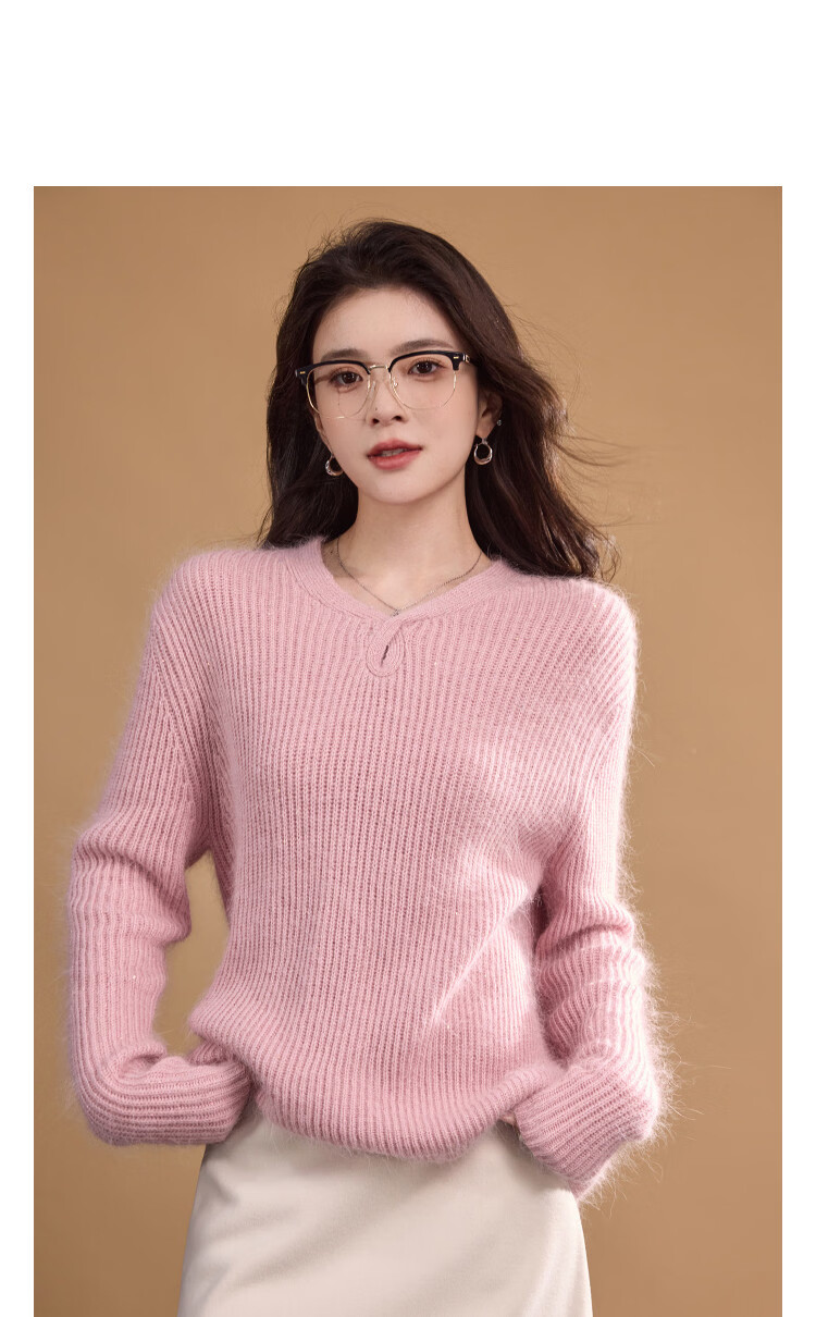 Demana Women's Winter Soft Fluffy Knit Sweater with Rabbit and Sheep Wool, V-Neck Sequin Pullover 6
