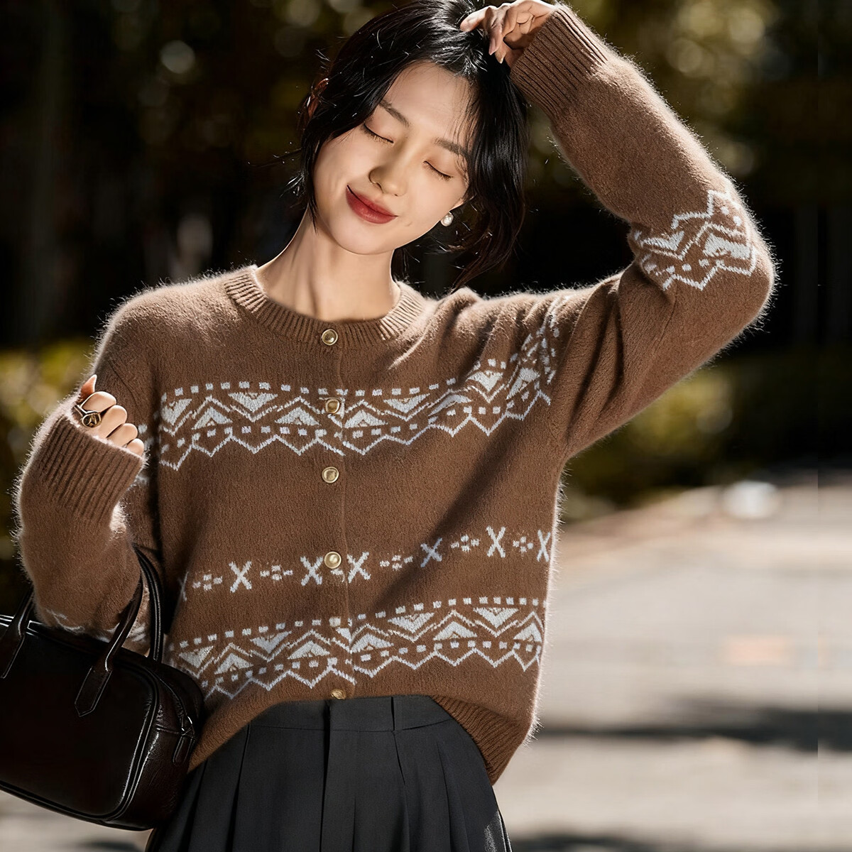 Demana Autumn Fair Isle Wool Blend Jacquard Cardigan Loose Knit Sweater for Women
