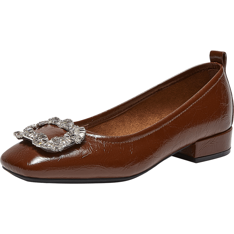 BASTO 26 Spring Fashion Shiny Rhinestone Commuter Low-Cut Square-Toe Women's Flats R6162AQ6 Brown 38
