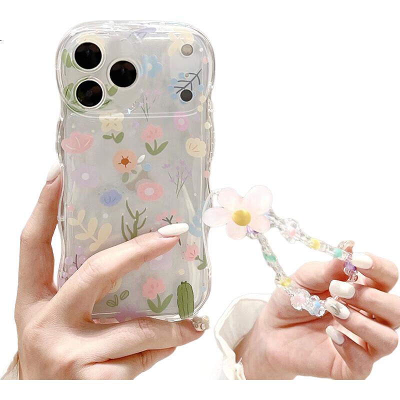 Чехол для iPhone 17 Pro Max Jiangming, защита камеры, противоударный, airbag, прозрачный, с цветочным узором и браслетом