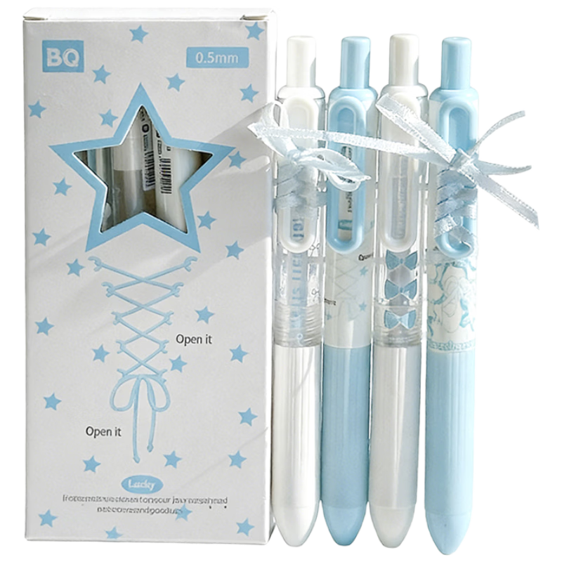 Jufu Lace Tie Gel Pen Neutral High-Value Sweetheart Ballet Retractable 0.5mm Quick-Dry Black Pen Student Exam Stationery 4pcs/Box Children's Day Gift