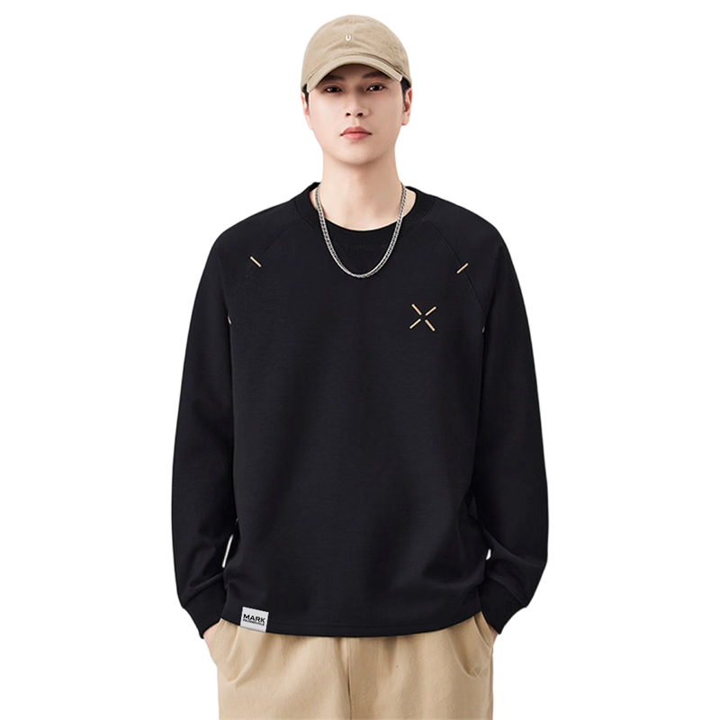 MARK FAIRWHALE Men's Long Sleeve T-Shirt Spring Autumn American Style Casual Loose Sweatshirt Black 2XL