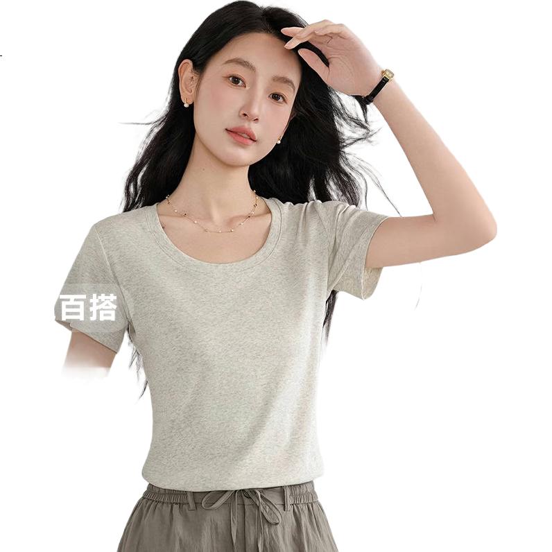 Woodpecker Solid Color Short Sleeve Women's 2025 Summer New Round Neck Shoulder T-Shirt Fashion Casual Versatile Top Heather Gray XL
