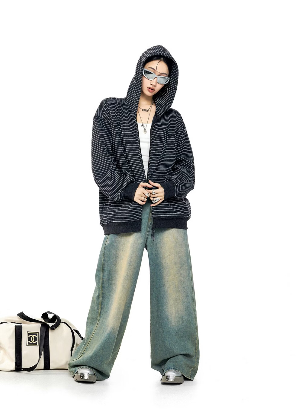 ICH MODE Celebrity Style Striped Hoodie Cardigan Sweatshirt for Women Spring Autumn New Sports Jacket Black M 38