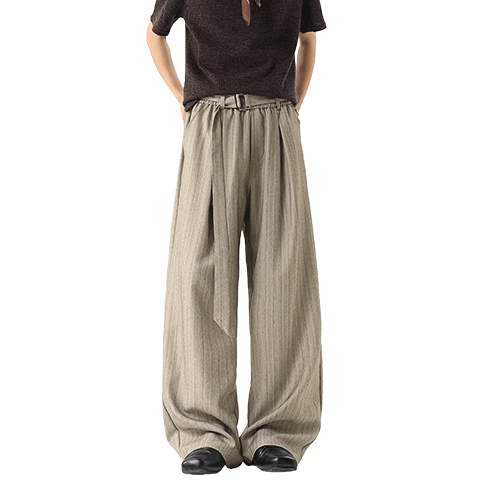 Dingfengbaoluo Men's Summer Loose Fit Striped Suit Pants Linen Texture Casual Trousers JUC32 Dark Gray 2XL
