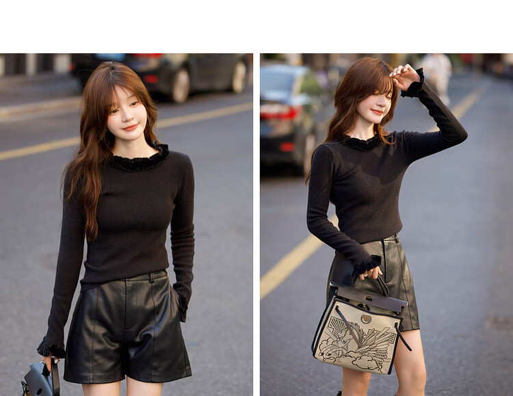 Demana Romantic Silhouette Winter Elegant Color-Block 3D Decorative Crew Neck Slim Fit Soft Stretch Knit Sweater for Women 14