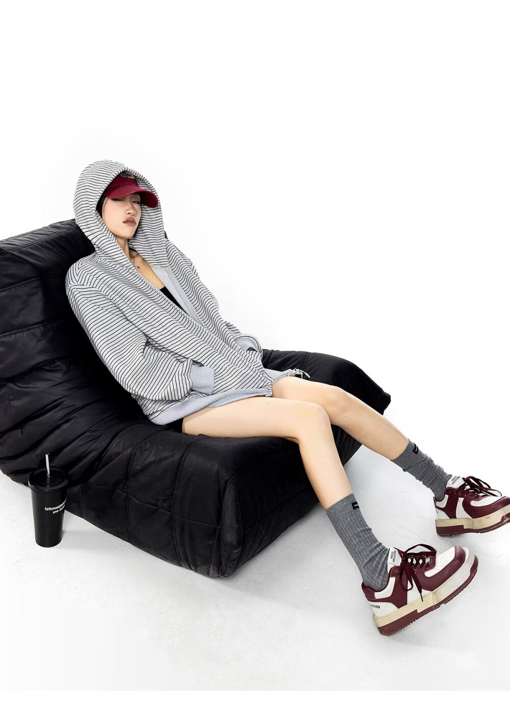 ICH MODE Celebrity Style Striped Hoodie Cardigan Sweatshirt for Women Spring Autumn New Sports Jacket Black M 21