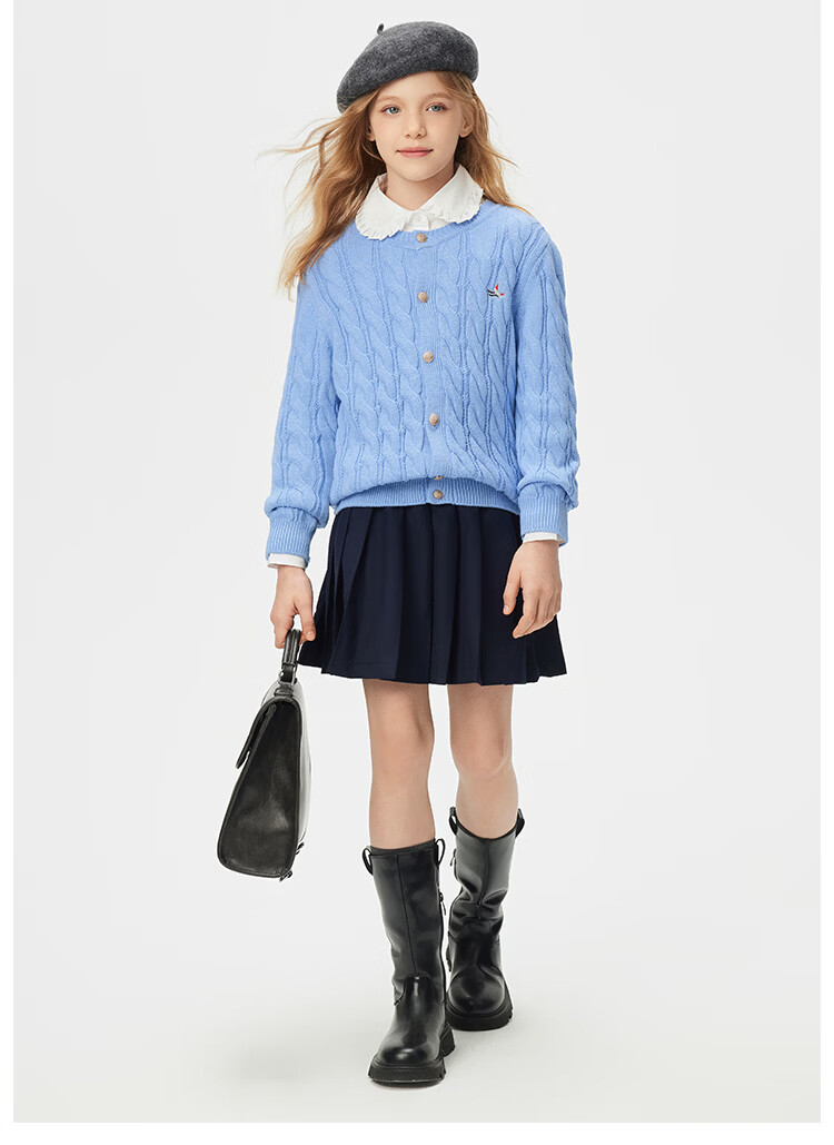 Navigare Girls' Sweater New Spring Children's Cardigan Versatile Twist Knit Deep Blue 130 12