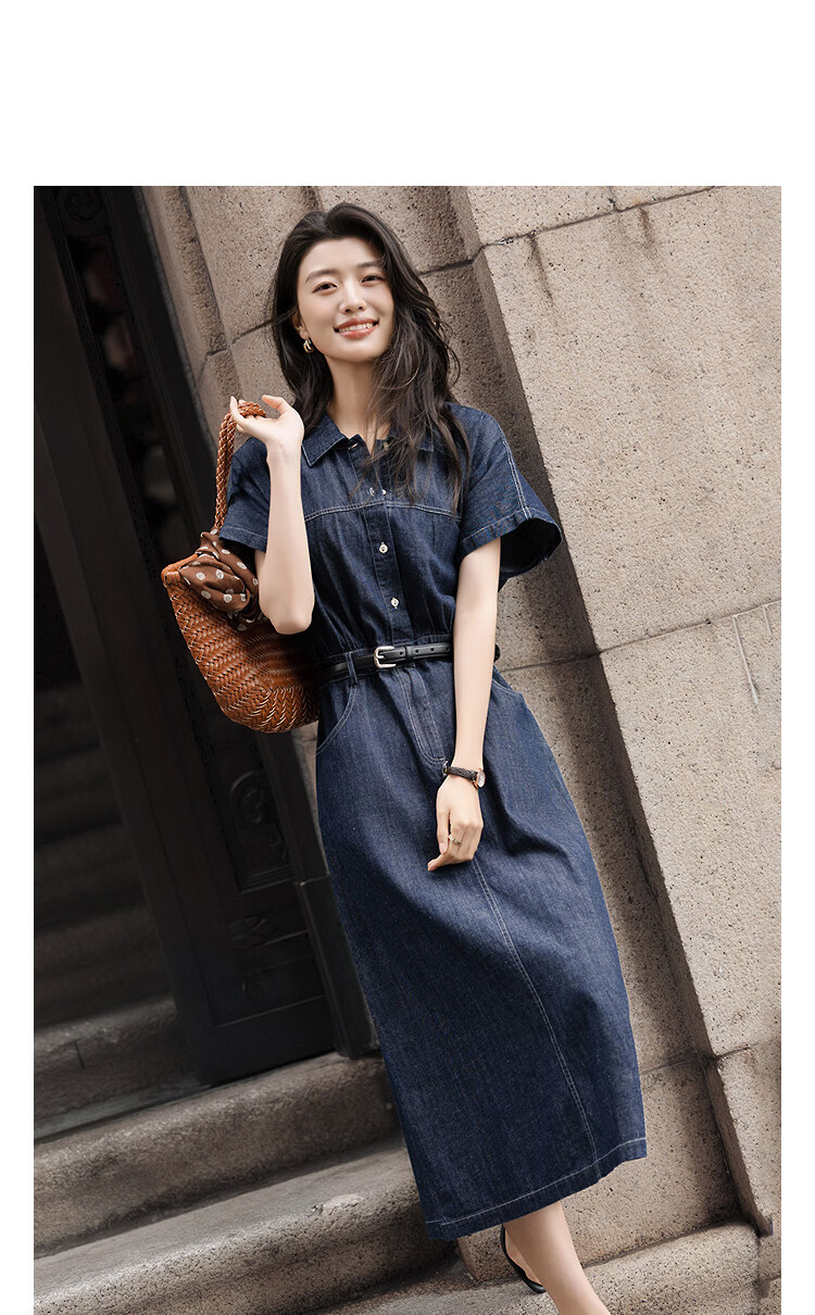 Demana [Cloud Denim] Spring Urban Commuter Style Cloud Oxygen Cotton Belted Sleeve-Slit Petite Women's Dress 10