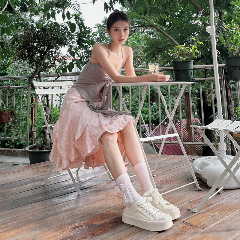 Gongji [Meng Ziyi Same Style] Casual Slip-On Thick Sole Sneakers Canvas Shoes for Women Off-White Size 35