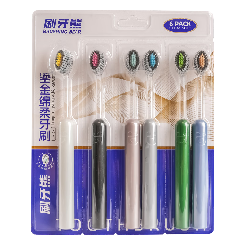 BRUSHING BEAR Soft Bristle Toothbrush Sam Style 6-Pack, Mountain-Shaped Convex Soft Bristles, Gum Care Olive Head for Adults Men and Women