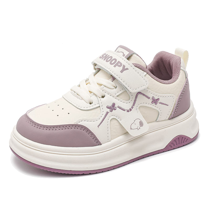 SNOOPY Girls Soft Sole Sports Shoes Children's Lightweight School Casual White Sneakers 0012 Beige/Purple 34