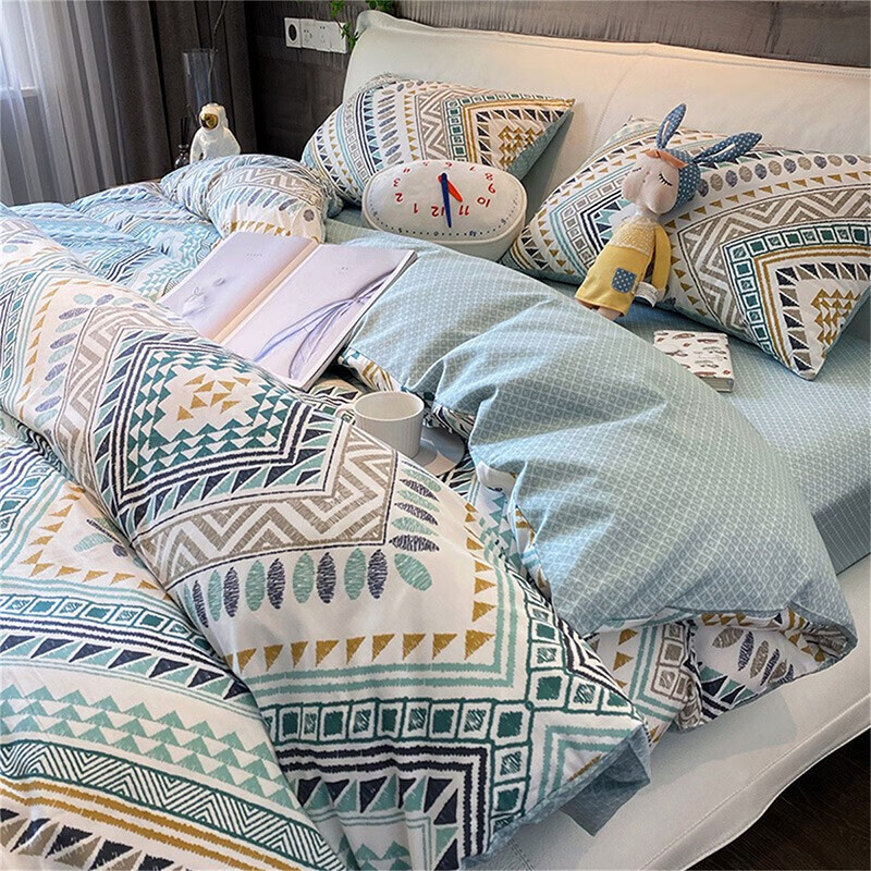 I-WILL All-Cotton Instagram-Style Printed Duvet Cover And Bed Sheet Set, Spring And Summer Bohemian Style Pure Cotton Bedding Set for 1.8/2.0m Bed