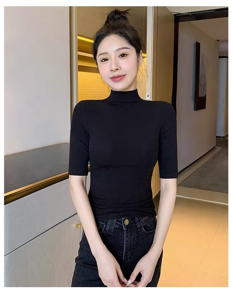 Shuangxing Women's Half Turtleneck Half Sleeve T-Shirt, 5/10 Sleeve Spring Summer New Style, Black, 2XL 12