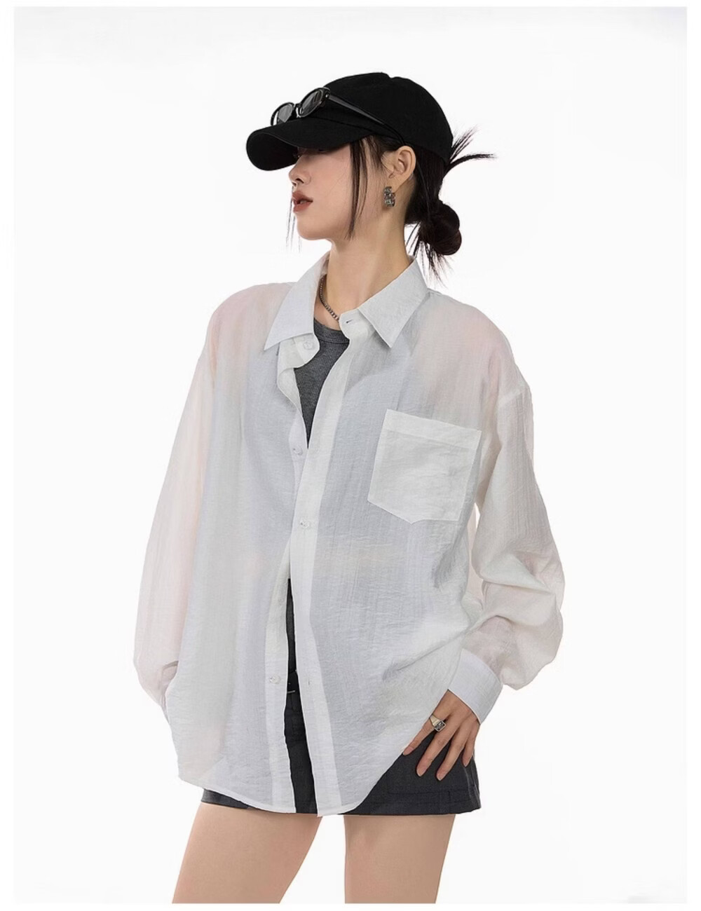 ICH MODE American Style White Shirt Women Summer Loose Physical Sun Protection Shirt Jacket Long Sleeve Top Blue XL 10