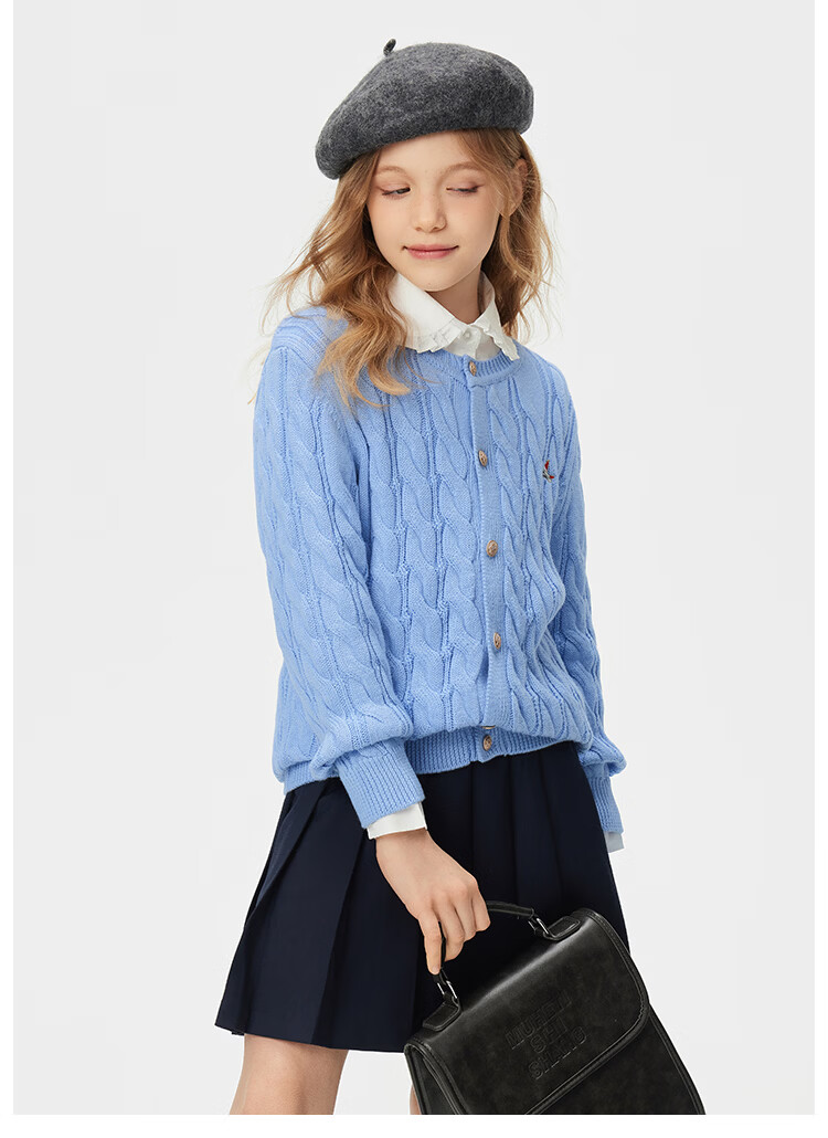 Navigare Girls' Sweater New Spring Children's Cardigan Versatile Twist Knit Deep Blue 130 11