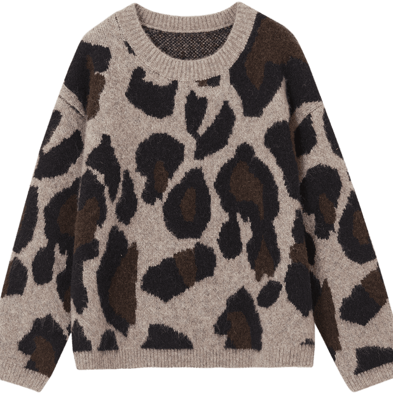 MT Leopard Print Vintage Style Winter Round Neck Jacquard Wool Blend Loose Knit Sweater for Women