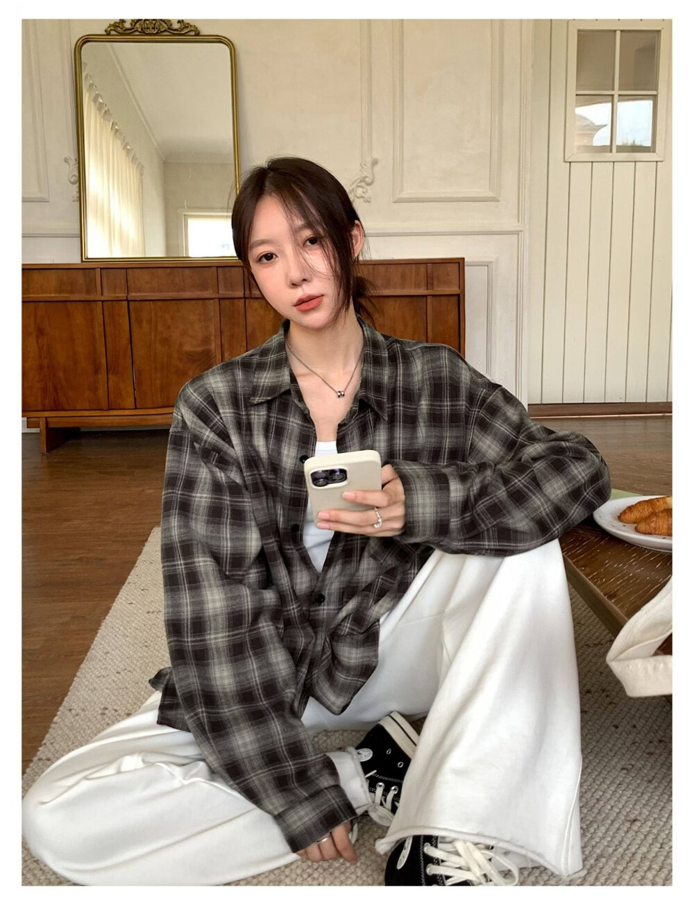 ICH MODE "Jeju Island Breeze" Brushed Plaid Shirt Jacket Women Vintage Check Long Sleeve Korean Style Shirt Blue L 8