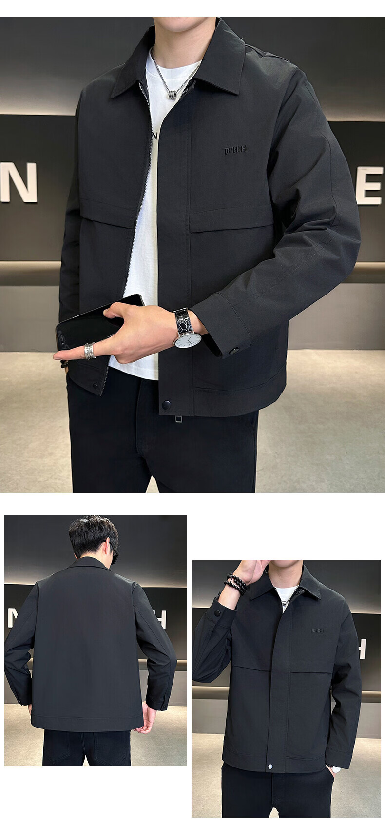 PLAYBOY Men's Spring Autumn Jacket Casual Outdoor Windproof Lapel Coat Black L 11