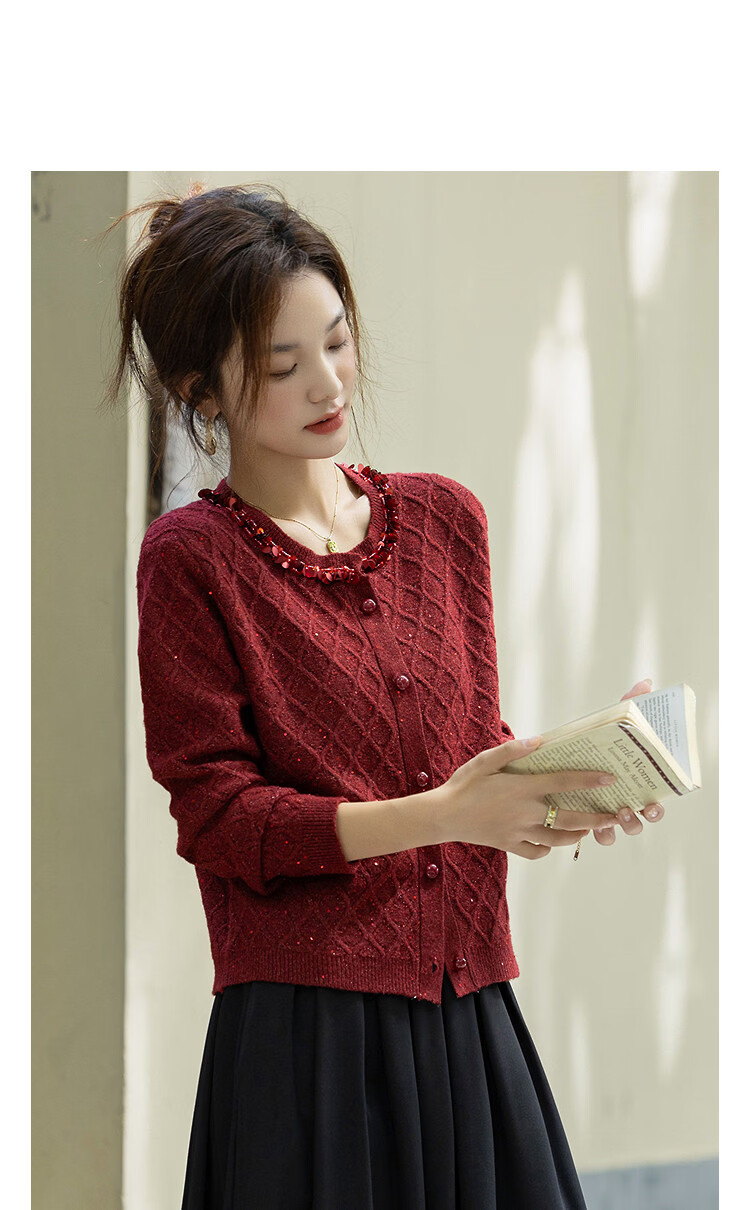 Demana Warm Rhythm Double Festival Autumn Winter French Style Sequin Cardigan Diamond Jacquard Round Neck Slim Knitwear Women High-End 11