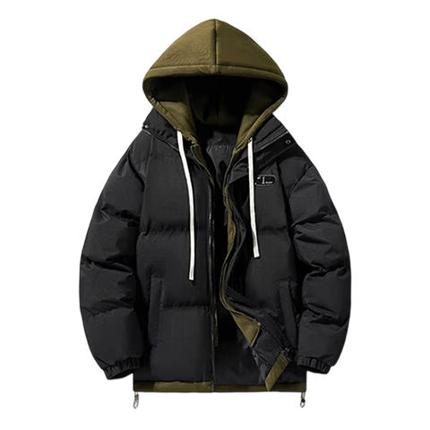 MARK FAIRWHALE Men's Winter Cotton Padded Jacket, Hooded Long Sleeve Thick Warm Two-in-One Coat, Dark Khaki, 3XL