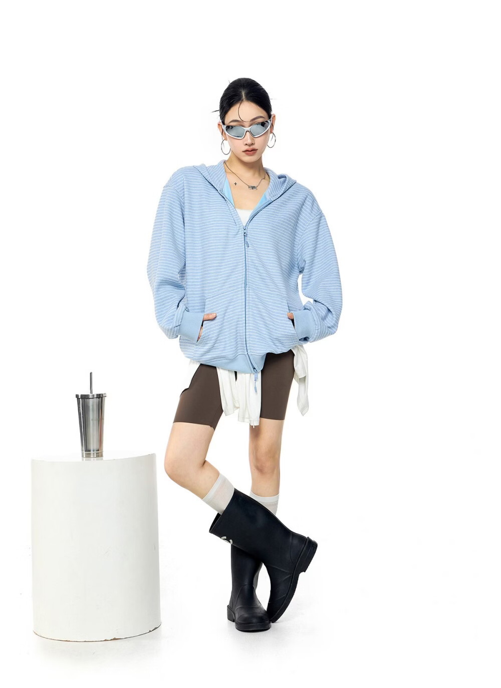 ICH MODE Celebrity Style Striped Hoodie Cardigan Sweatshirt for Women Spring Autumn New Sports Jacket Black M 10