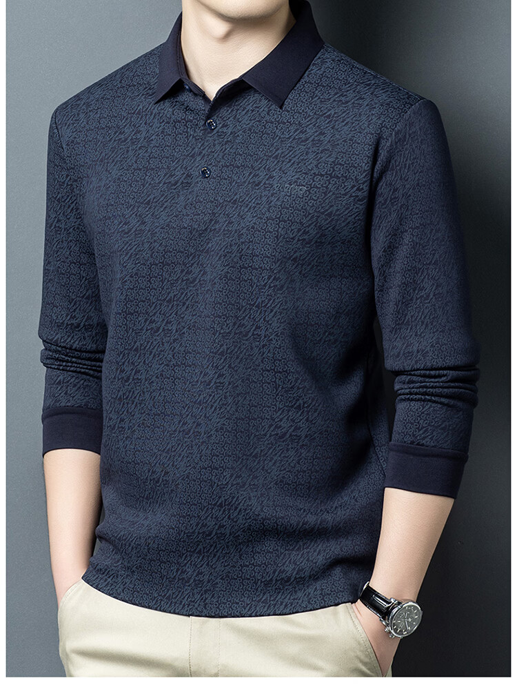 Edenbo Men's Long Sleeve Fleece-Lined Polo Shirt Autumn Winter Full Print Warm Top Dark Blue 180/96A (2XL) 14