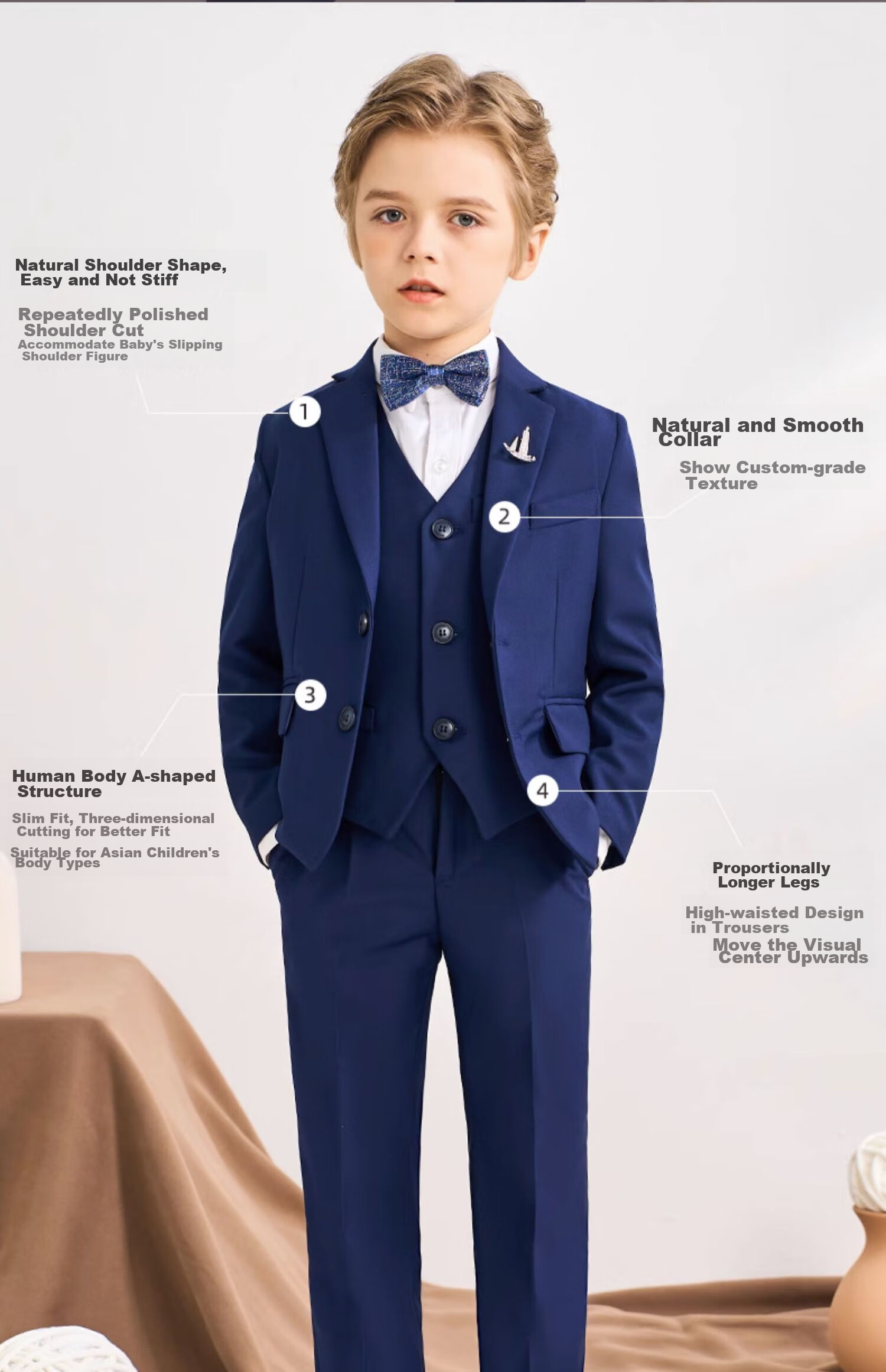 Luomeng Children's Suit Set, Stylish Boy's Flower Boy Host Formal Wear, Boy's Piano Performance Outfit, Navy Blue, Size 170 15