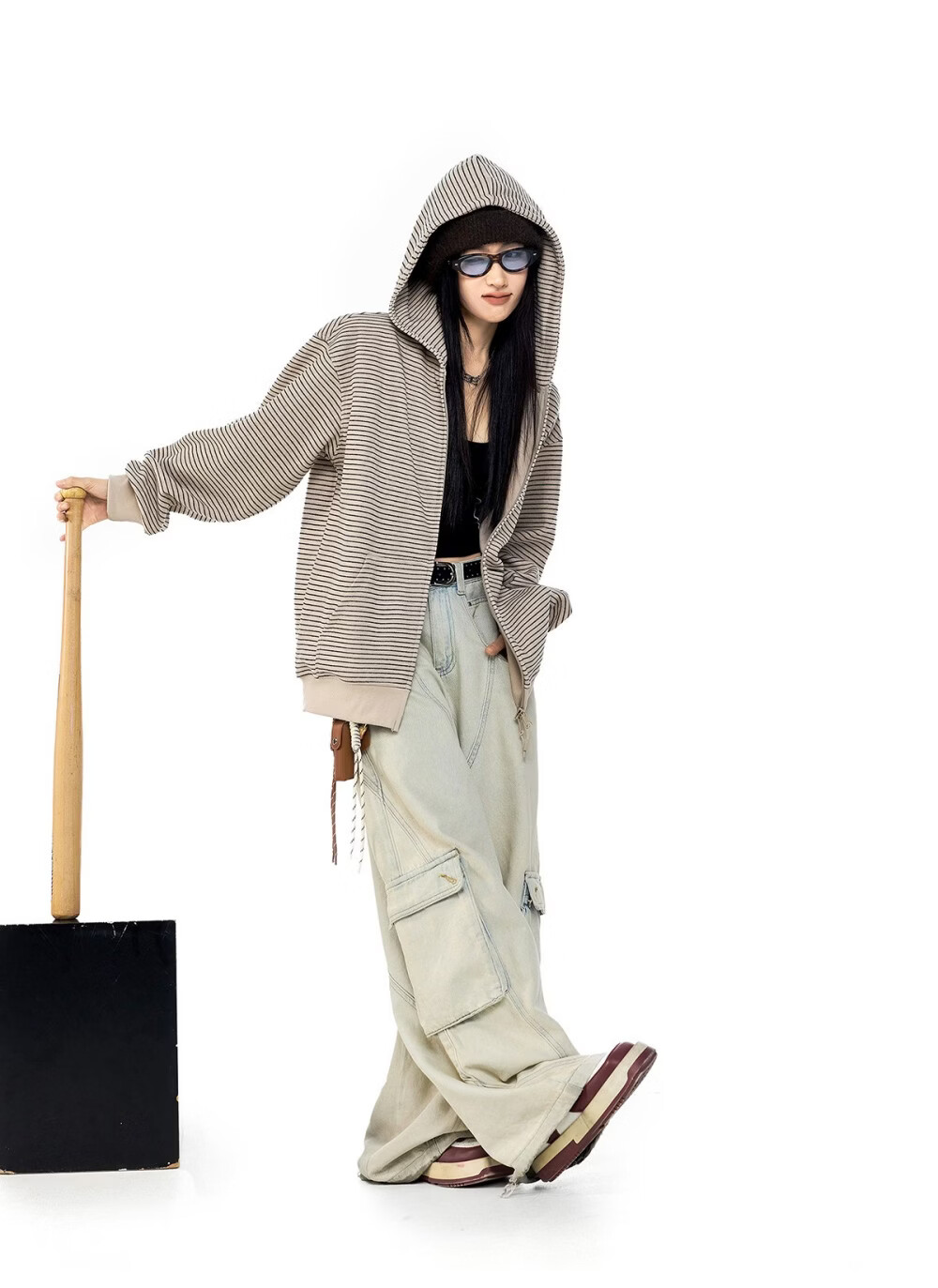 ICH MODE Celebrity Style Striped Hoodie Cardigan Sweatshirt for Women Spring Autumn New Sports Jacket Black M 32