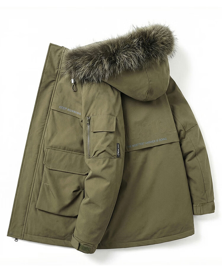 JEEP SPIRIT Men's Down Jacket Autumn Winter Workwear Fur Collar Mid-Length Parka Military Green 4XL 5