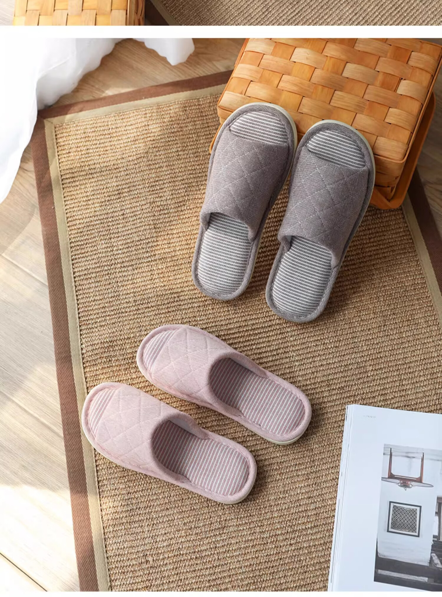 Guoluofi Four Seasons Linen Fabric Slippers Men's Home Indoor Couple Open Toe Slippers Light Green Size 38-39 7