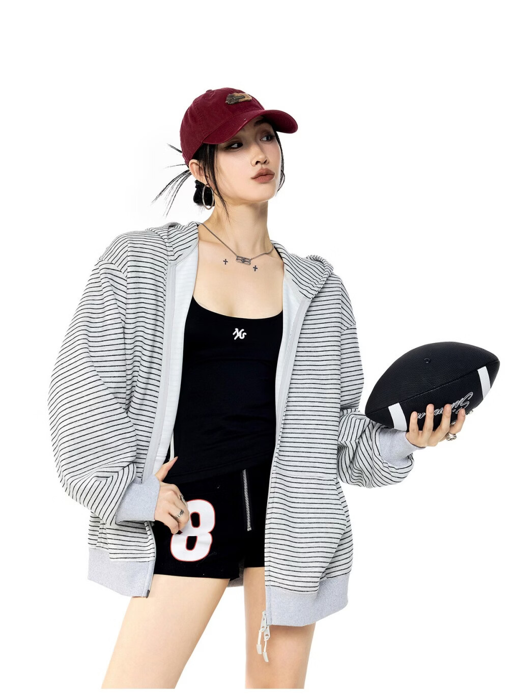 ICH MODE Celebrity Style Striped Hoodie Cardigan Sweatshirt for Women Spring Autumn New Sports Jacket Black M 17