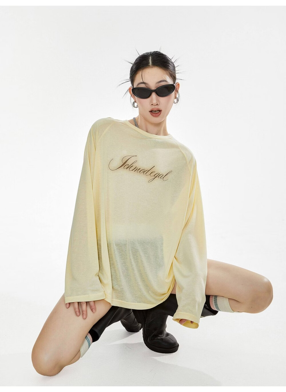 ICH MODE American Style Physical Sunscreen Cooling Loose Long Sleeve T-Shirt Lightweight Lazy Style White S 28