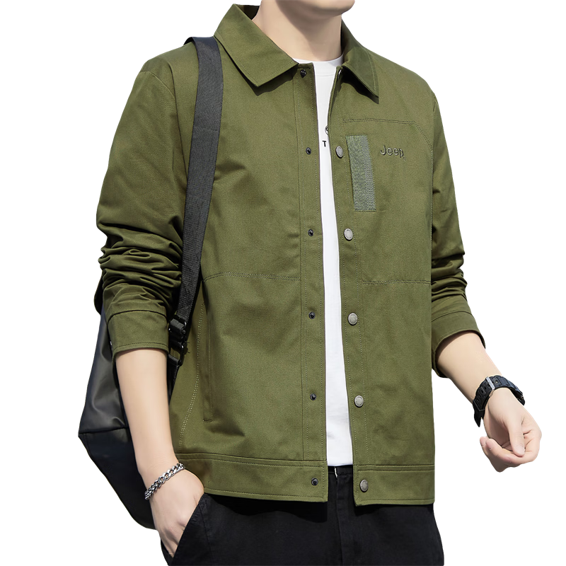 JEEP Men's Jacket, Spring And Autumn Casual Workwear Embroidered Loose Outerwear, Trendy Menswear, Army Green, 3XL