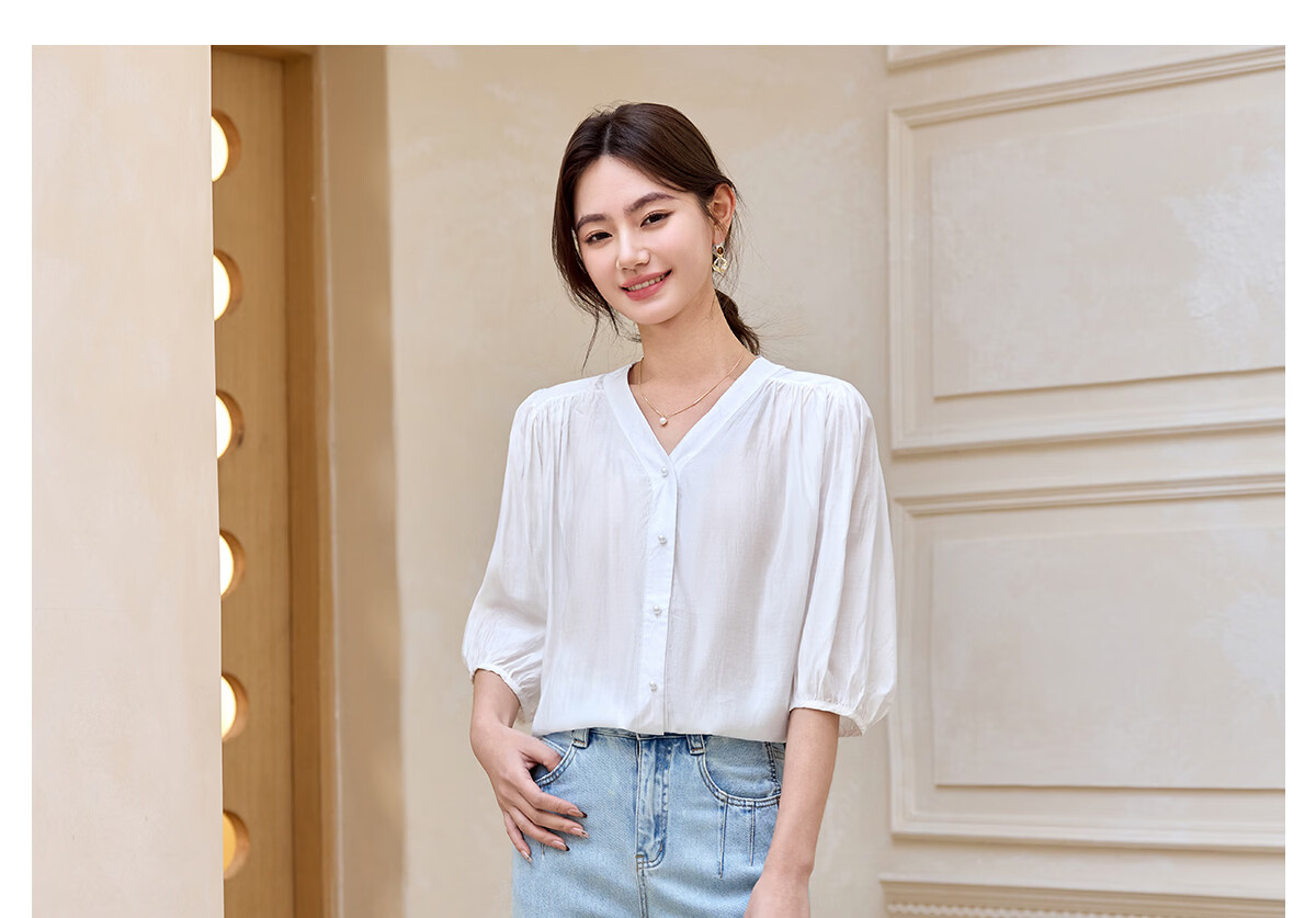 Halo Queen Women's Short Sleeve V-Neck White Shirt Summer Interview Professional Commuter Blouse H52S013 34
