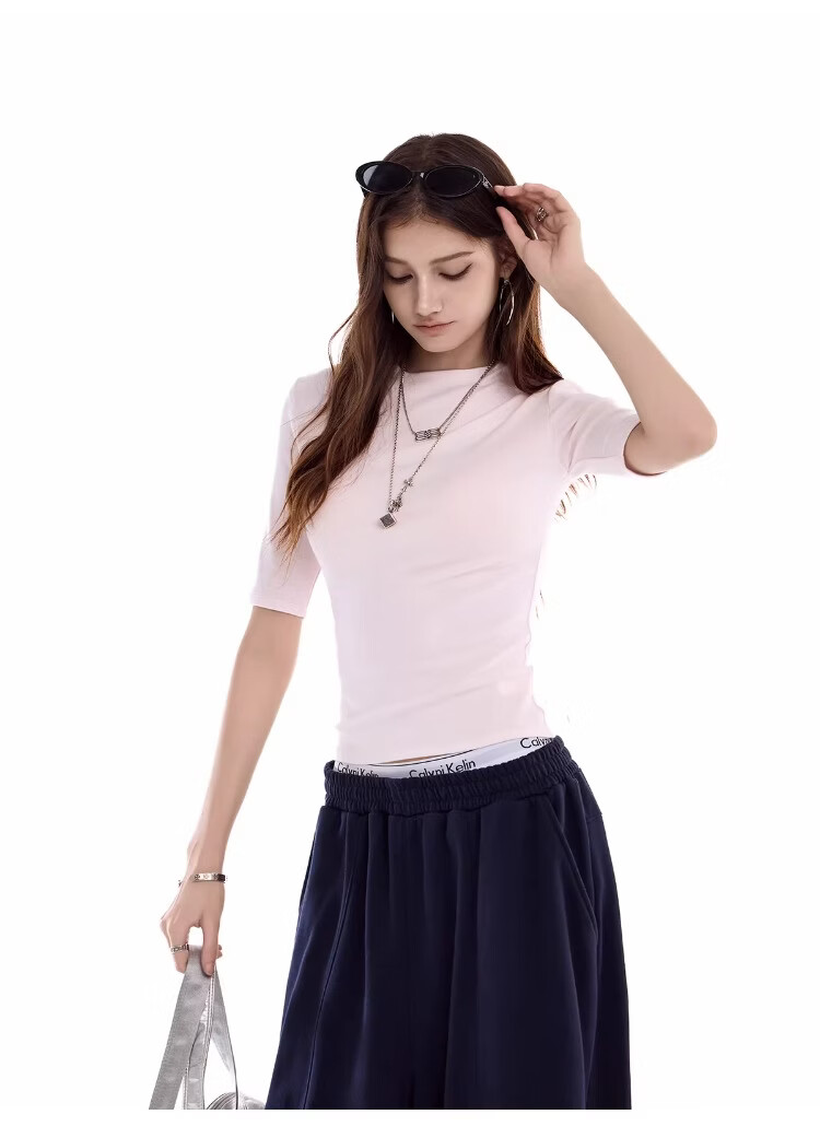 ICH MODE Women's Slim Fit Five-Point Sleeve Mid-Sleeve T-Shirt Summer Base Short Sleeve Sports Shoulder Top White S 1