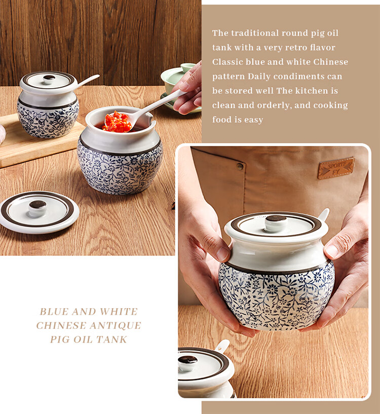 BJ Ceramic Large Capacity High-Temperature Resistant Seasoning Jar, Lard Container, Chili Pepper Jar, Chinese-Style Lard Bowl + Spoon, 700ml 19