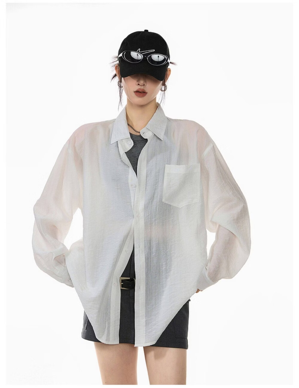 ICH MODE American Style White Shirt Women Summer Loose Physical Sun Protection Shirt Jacket Long Sleeve Top Blue XL 17